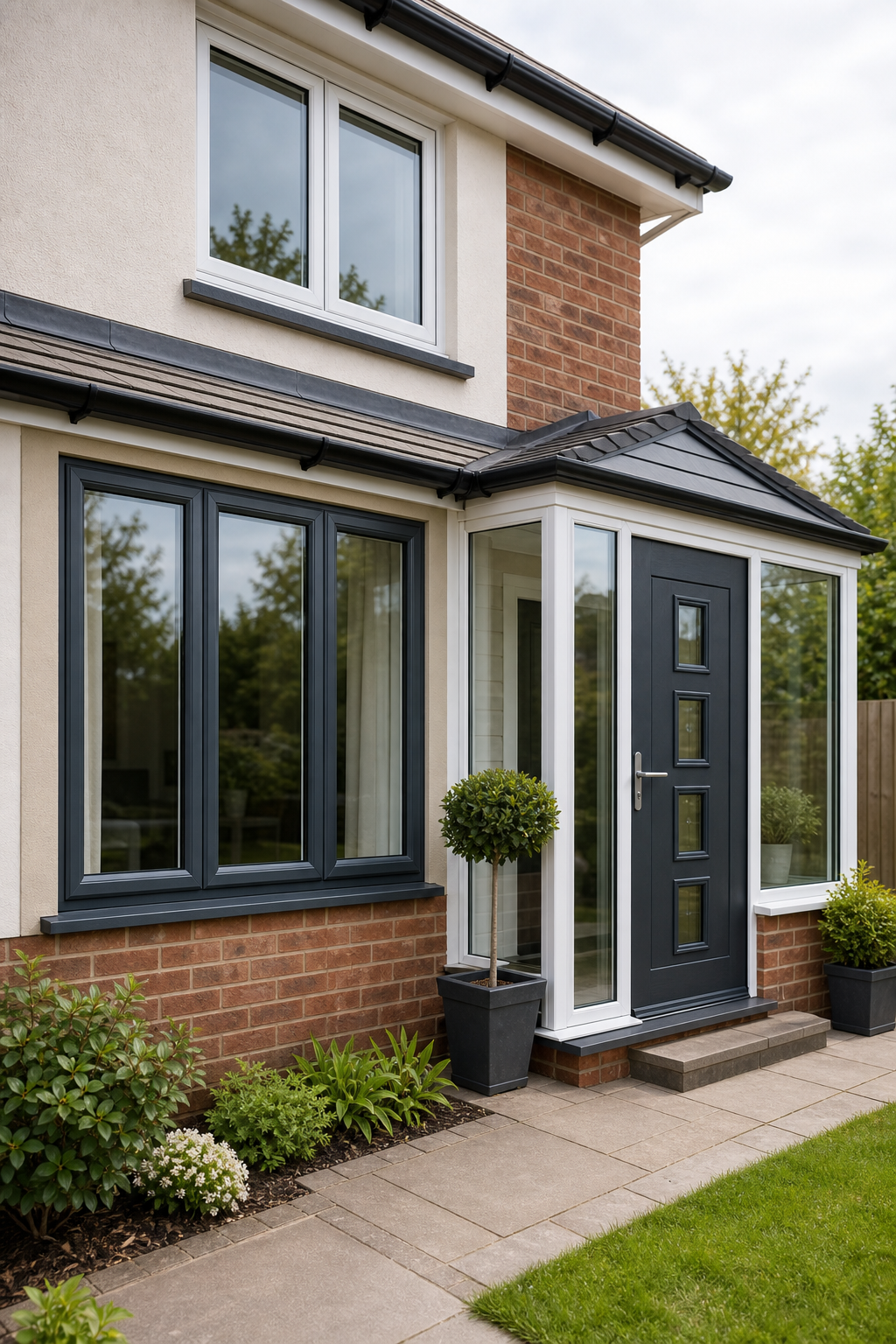 Completed home glazing installation with modern windows, porch and composite door