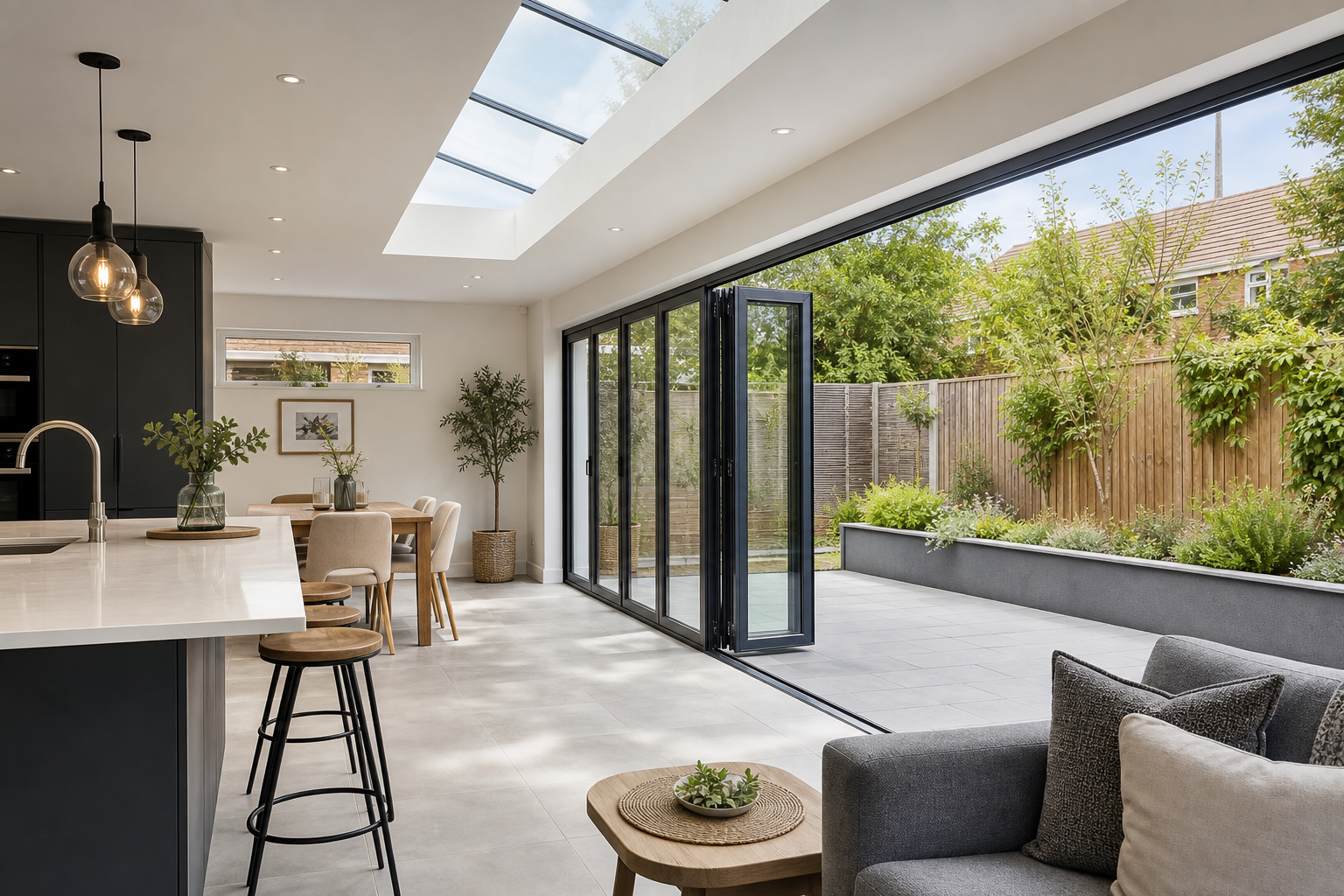 Bright kitchen living space opened to the garden with aluminium glazing