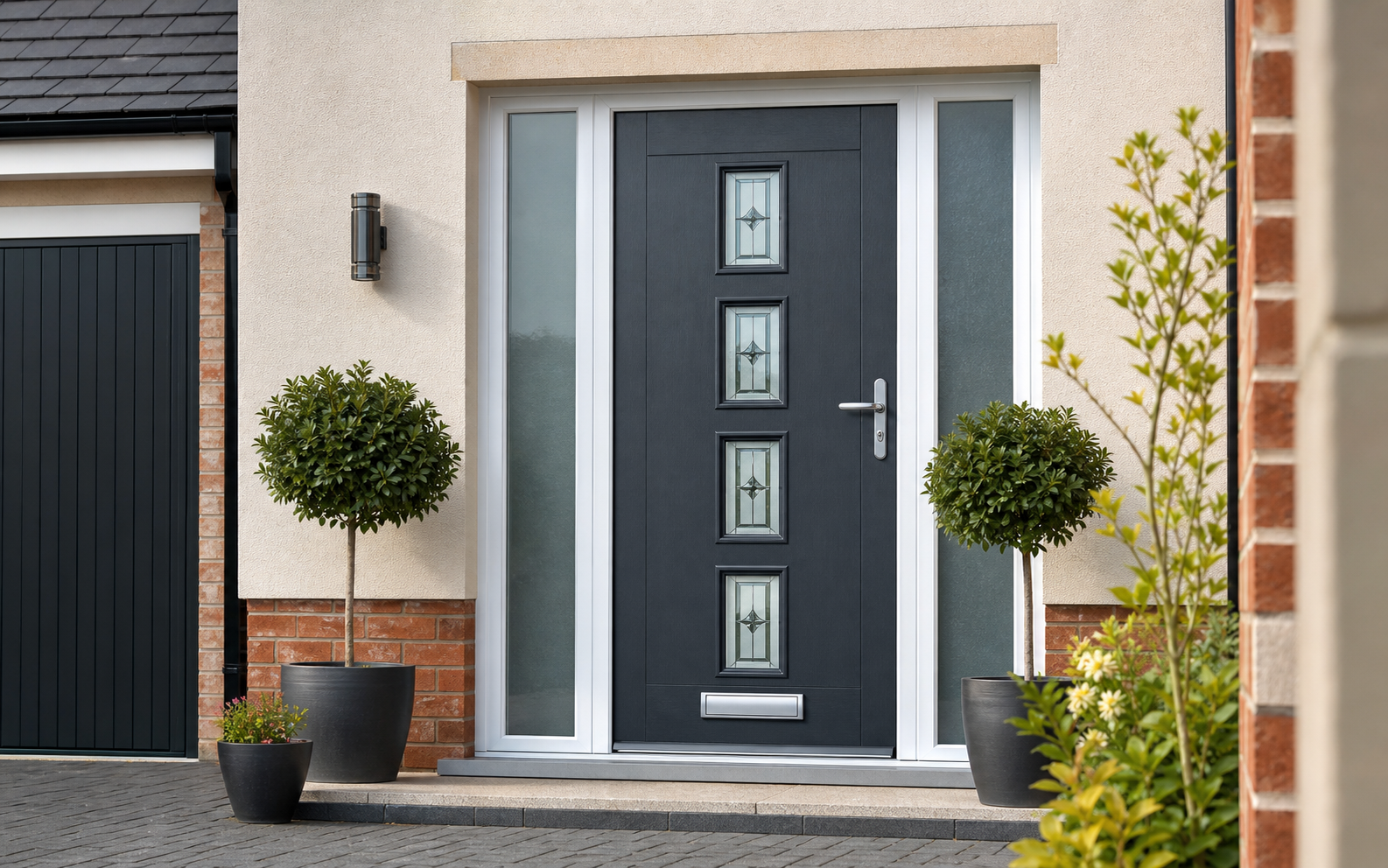Modern composite front door with glazed side panels