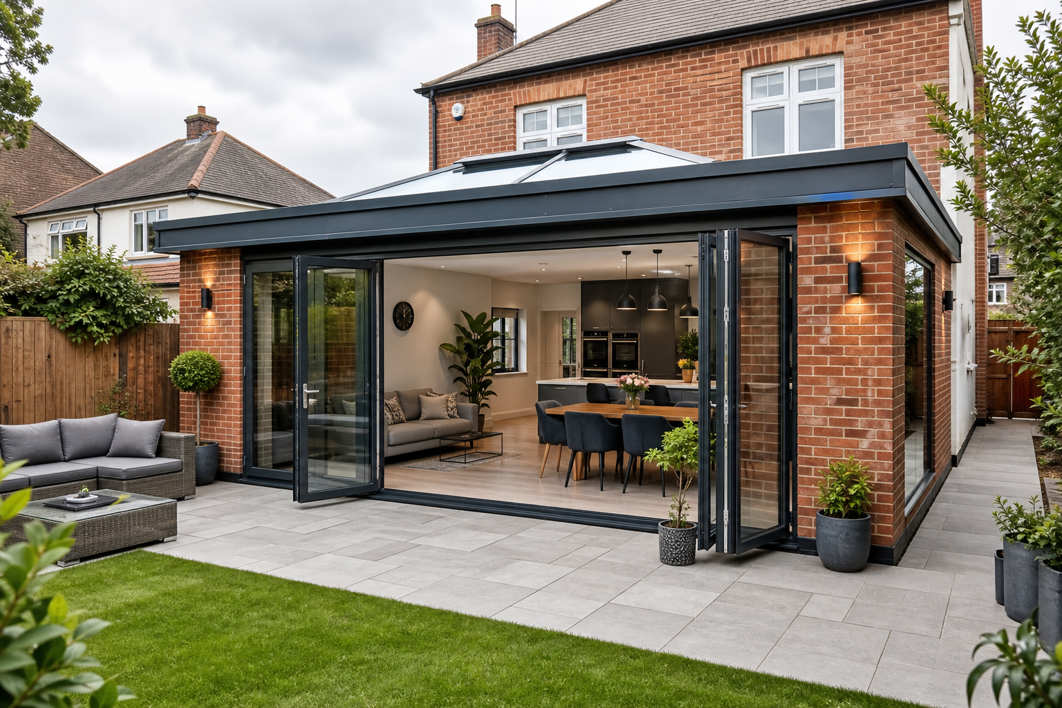 Modern brick home extension with aluminium bifold doors and garden patio