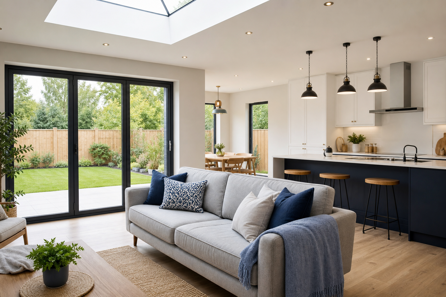 Renovated UK home interior with modern glazing and bright open living space
