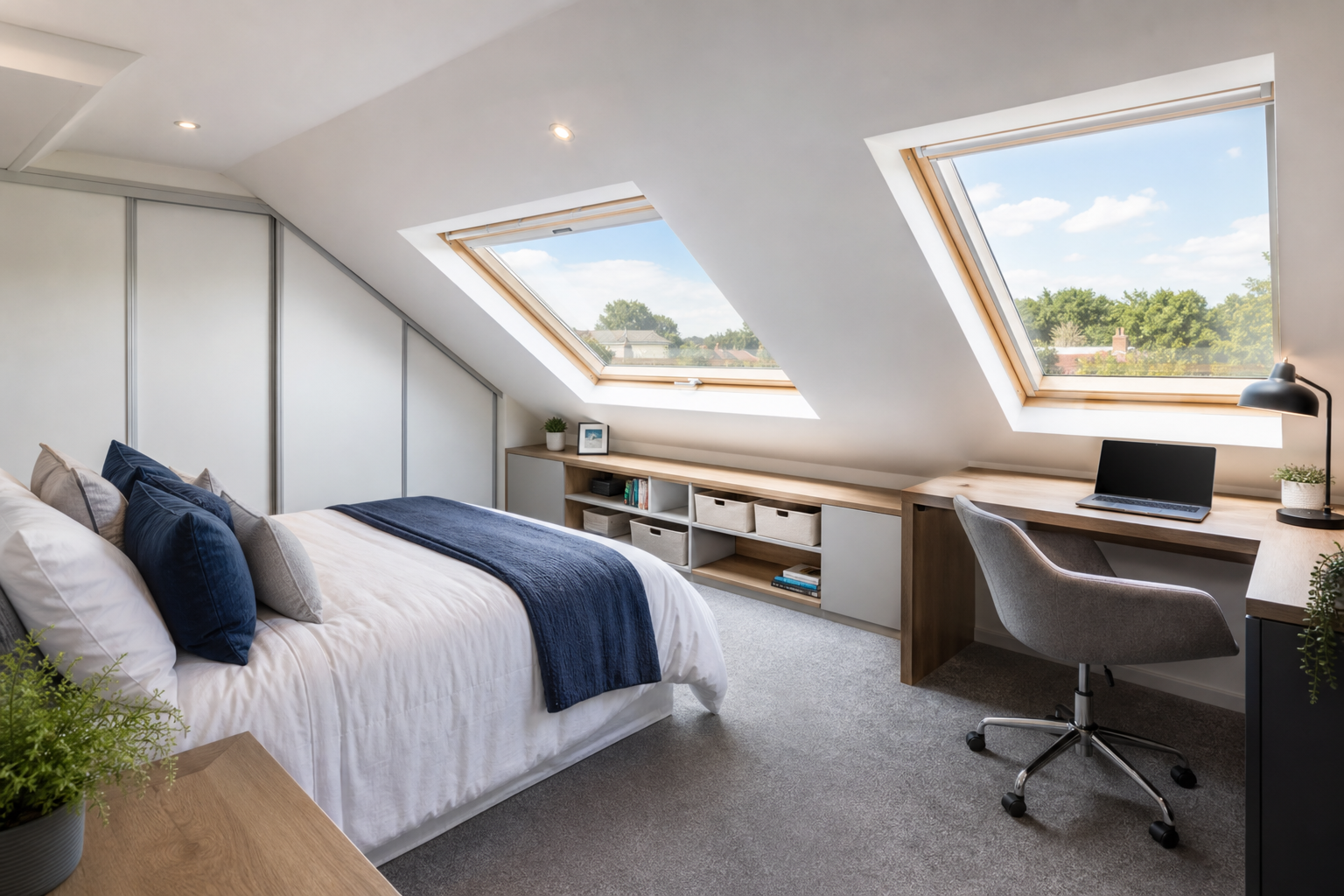 Finished loft conversion with roof windows and modern bedroom workspace